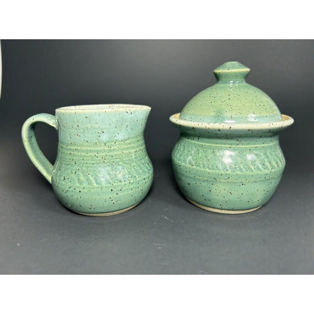 Signed Studio Art Pottery Cream And Sugar On Serving Tray Green Speckled Glaze - Picture 6 of 11